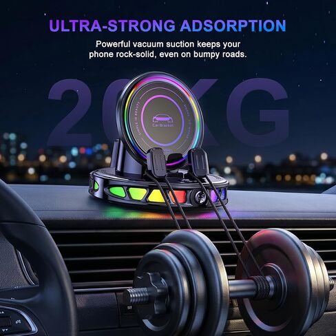 Wireless Car Charger Dashboard Phone Holder,15W Fast Charging One-Hand Operation Rotatable Bracket with RGB Light,Anti-Slip Navigation Mount with Strong Suction Cup, for Most Smart Phone in Kuwait