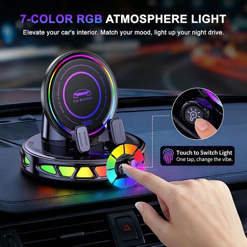 Wireless Car Charger Dashboard Phone Holder,15W Fast Charging One-Hand Operation Rotatable Bracket with RGB Light,Anti-Slip Navigation Mount with Strong Suction Cup, for Most Smart Phone in Kuwait
