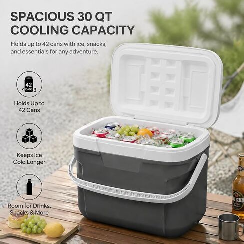 30 Qt Hard-Sided Cooler, 42-Can Insulated Ice Chest with Carry Handle, Gray in Kuwait