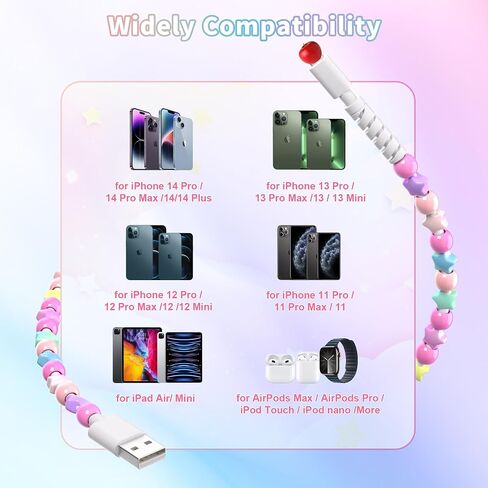Aolcev for iPhone Charging Cord 3.3FT Fast Charger Cable 66W Cute Stars Beaded Phone Charger Cord Pearl USB A Charging Cable for iPhone 14 13 12 11 Pro Max Plus for iPad Pro Air Colourful Stars in Kuwait