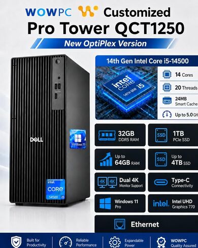 Customized Dell Pro Tower QCT1250 Business Desktop Computer, New OptiPlex Version-14th Gen Core i5-14500, 32GB DDR5, 1TB SSD, Up to 64GB RAM 4TB SSD, Dual 4K Monitor Support, Type-C, Win11 Pro in Kuwait