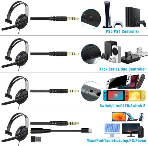 Joso Wired Headset with Mic, Dual Ear Headset for PS5/PS4/Xbox/Switch/PC/iPad/Mac/Tablet with with USB C & USB-A Adapter - Chat Headphone, Business, Coach, Gaming, Working in Kuwait