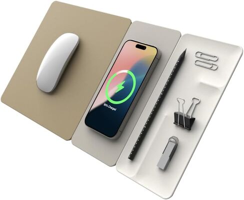 POUT H3 SplitMax 3-in-1 Wireless Charging Mouse Pad – Fast Qi Charger, Mousepad Mat, and Magnetic Tray Organizer – Compatible with Smartphones and Earbuds (Palette Cream) in Kuwait