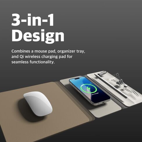 POUT H3 SplitMax 3-in-1 Wireless Charging Mouse Pad – Fast Qi Charger, Mousepad Mat, and Magnetic Tray Organizer – Compatible with Smartphones and Earbuds (Palette Cream) in Kuwait