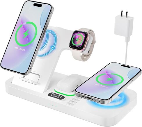 Dual Phone Magnetic Wireless Charging Station for Apple Devices/Apple Ecosystem,with Auto-Switch 7-Color Light & Clock, Compatible with iPhone 17/16/15, for iWatch 11/10/9 & AirPods Pro3（Cream in Kuwait