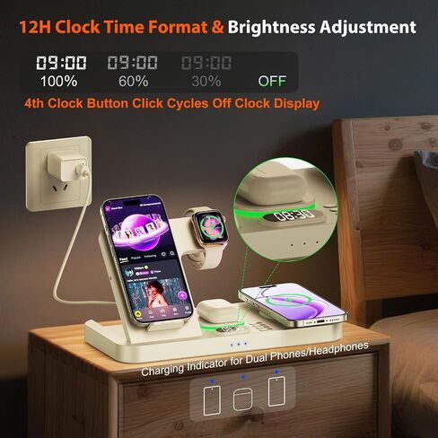 Dual Phone Magnetic Wireless Charging Station for Apple Devices/Apple Ecosystem,with Auto-Switch 7-Color Light & Clock, Compatible with iPhone 17/16/15, for iWatch 11/10/9 & AirPods Pro3（Cream in Kuwait