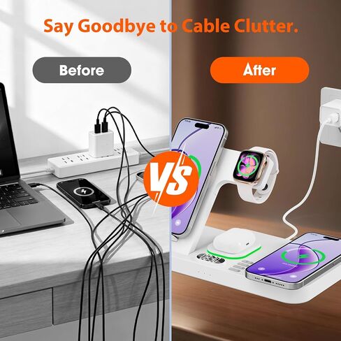 Dual Phone Magnetic Wireless Charging Station for Apple Devices/Apple Ecosystem,with Auto-Switch 7-Color Light & Clock, Compatible with iPhone 17/16/15, for iWatch 11/10/9 & AirPods Pro3（Cream in Kuwait