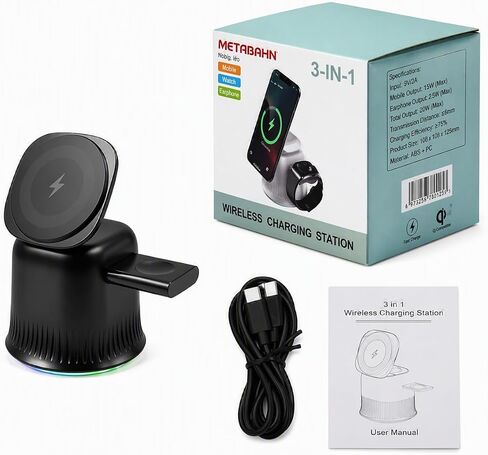 3 in 1 Wireless Charging Station for Apple MagSafe Charger, 15W Fast Magnetic MagSafe Charger Stand for iPhone 17 16 15 14 13 12 Apple Watch AirPods Series, Gifts for Men in Kuwait
