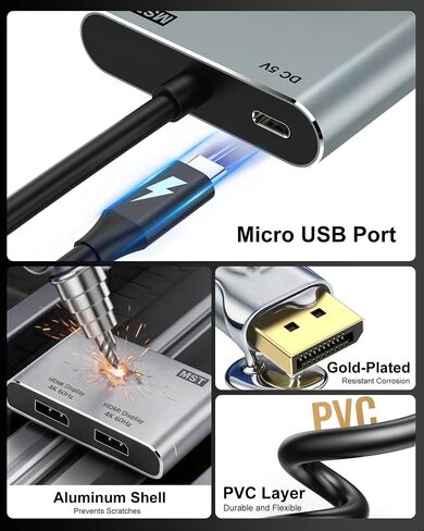 DisplayPort to Dual DisplayPort Splitter Adapter, 4K@60Hz Display Port Splitter Extended Display for Dual Monitors, DP1.4 Splitter 1 in 2 Out, DisplayPort MST Hub for PC, NVIDIA, AMD Graphic Card in Kuwait