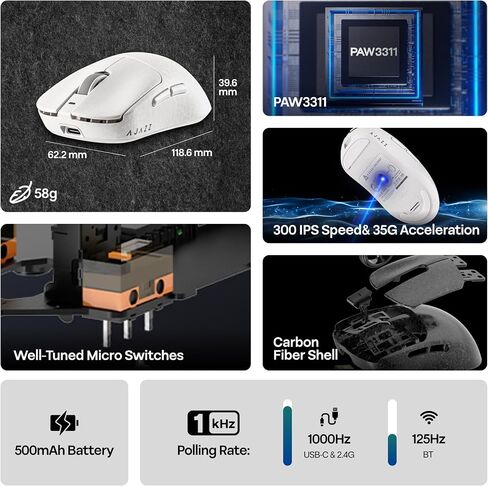 MechLands AJAZZ AJ199 Lightweight Gaming Mouse with Carbon Fiber Shell, 2.4G/USB-C/BT Wireless Mouse with 500mAh Battery, Adjustable 12,000 DPI & 1KHz Polling, PAW3311 Sensor for PC/Mac/Gaming (White) in Kuwait