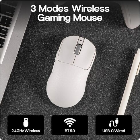 MechLands AJAZZ AJ199 Lightweight Gaming Mouse with Carbon Fiber Shell, 2.4G/USB-C/BT Wireless Mouse with 500mAh Battery, Adjustable 12,000 DPI & 1KHz Polling, PAW3311 Sensor for PC/Mac/Gaming (White) in Kuwait