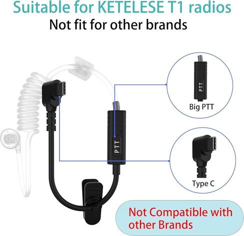 KETELESE T1 Walkie Talkie USB C Air Acoustic Tube Earpiece, Only Work with T1 Walkie Talkie (1 Pack, Black) in Saudi Arabia