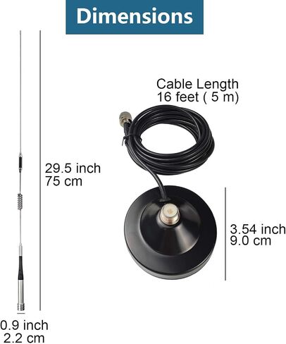 Dual Band VHF UHF Mobile Antenna 136-174MHz 400-470MHz (70cm & 2 Meter) Magnetic Mount Antenna with Ground Planes, 16ft Cable & PL259 Connector for Ham Radio, GMRS, Car RV Truck SUV Vehicle in Kuwait
