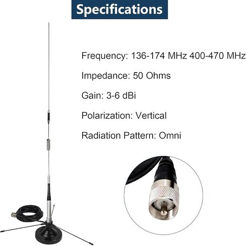 Dual Band VHF UHF Mobile Antenna 136-174MHz 400-470MHz (70cm & 2 Meter) Magnetic Mount Antenna with Ground Planes, 16ft Cable & PL259 Connector for Ham Radio, GMRS, Car RV Truck SUV Vehicle in Kuwait