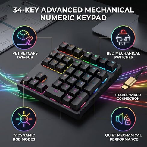 Vikye Mechanical Number Pad, 34 Keys with RGB Backlit PBT Keycaps Red Switch in Saudi Arabia