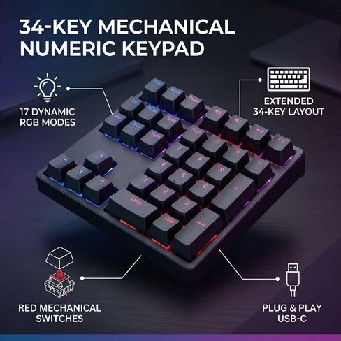 Vikye Mechanical Number Pad, 34 Keys with RGB Backlit PBT Keycaps Red Switch in Saudi Arabia
