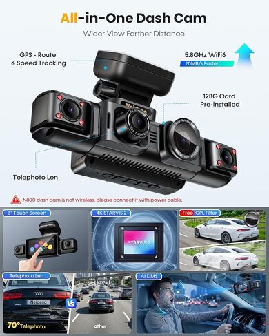 Neideso 5 Channel Telephoto 4K Dash Cam for Zoom Details, 360° View, N800 in Kuwait