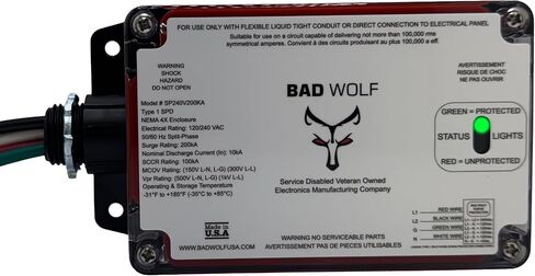 Bad Wolf SP240V200KA-A Type 1 Panel Mount Whole House Surge Protector, 120/240VAC Split Phase, 200kA, 4-Wire L1/L2/N/G, NEMA 4X/IP67, ETL Listed in Kuwait