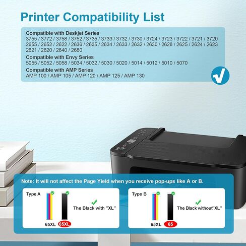 65XL Ink Cartridges Black/Color Combo Pack High Yield Replacement for HP Ink 65 65XL Work for HP DeskJet 3755 3772 3700 3722 3752 2600 2622 Envy 5055 5000 5070 5052 5014 Printer (1 Black,1 Color) in Kuwait