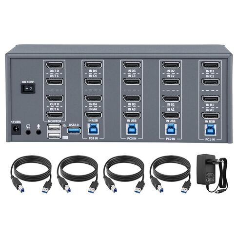 KVM Switch 4 Monitors 4 Computers, 8k Displayport Switch with USB 3.0, Jack, 4 Computers Share a Set of Keyboard, Mouse, Support Windows/Mac/Linux (Quad Monitor) in Kuwait