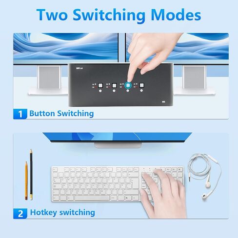 KVM Switch 4 Monitors 4 Computers, 8k Displayport Switch with USB 3.0, Jack, 4 Computers Share a Set of Keyboard, Mouse, Support Windows/Mac/Linux (Quad Monitor) in Kuwait