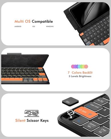 Universal Keyboard Plus Detachable, Dual Bluetooth Portable Keypad with Removable Stand & 7-Color Backlit, Wireless Travel Keyboard for iPad/Z Fold/Galaxy Tabs/Phones, Keypad for iOS/Android/Windows in Saudi Arabia