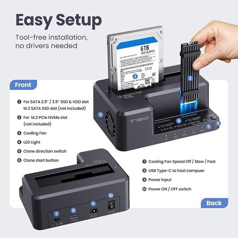 ineo USB-C 10Gbps HDD /M2 SSD Docking Station, Supports 3.5" & 2.5" SATA HDD/SSD and M.2 NVMe/SATA SSD, Offline Clone, Tool-Free External Hard Drive Dock [2638-II] in Kuwait