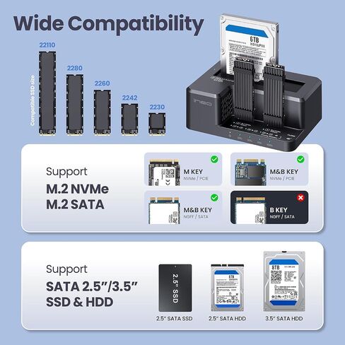 ineo USB-C 10Gbps HDD /M2 SSD Docking Station, Supports 3.5" & 2.5" SATA HDD/SSD and M.2 NVMe/SATA SSD, Offline Clone, Tool-Free External Hard Drive Dock [2638-II] in Kuwait