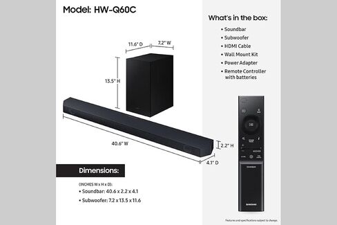SAMSUNG HW-Q60C 3.1ch Soundbar w/Dolby Audio, Q-Symphony, Adaptive Sound Lite, HDMI eARC, Game Mode, Bluetooth, Tap Sound, Wireless Surround Sound Compatible, Black in Kuwait