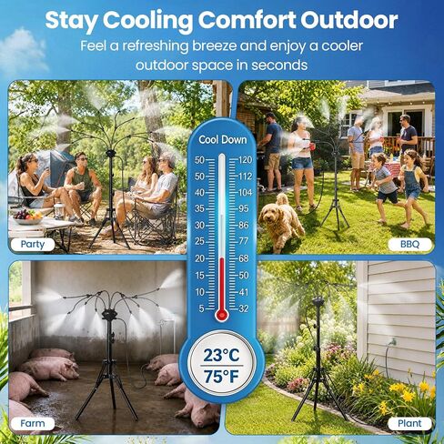 MIXC 8-Nozzles Standing Misters for Outside Patio, 2.6-5.3FT Adjustable Outdoor Misting Cooling System with 36FT Leak-Resistant Water Tubing, Portable Mister for Patio, Backyard & Pool in Kuwait