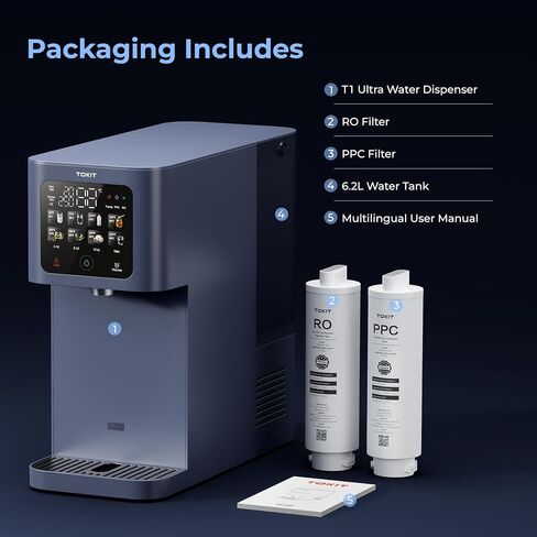 TOKIT Reverse Osmosis Water Filter Countertop T1 Ultra Cold & Hot Dual UV Water Dispenser 5℃ Cooling and Instant Heating RO Water Filtration System 8 Temp Choice, NSF/ANSI 58, No Installation for Home in Saudi Arabia