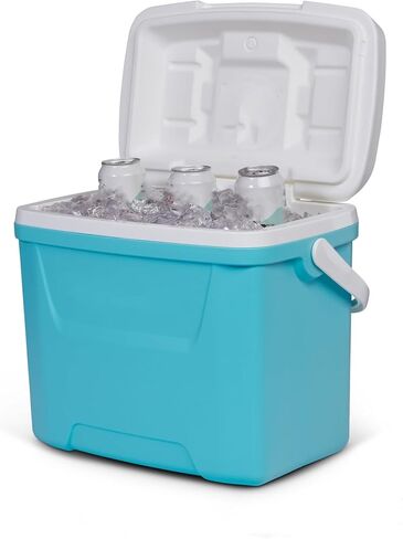 28 Quart Hard‑Sided Ice Chest Cooler with Swing‑Up Handle, Aqua Blue and White Insulated Foam Cooler Box for Outdoor Trip Picnic Beverage Storage in Kuwait