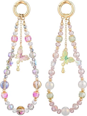BESARME 2 Pcs Phone Charm Wristlet with Crystal Beads and Butterfly Pendant, Includes Tether Tab for Easy Attachment, Metal Chain Ideal for Bags, Purses, Cell Phones, Outdoor Activities in Kuwait