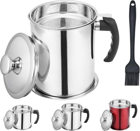 Kaemi 2.2L / 74OZ Bacon Grease Container With Strainer, Bacon Grease Keeper,Oil Storage Container for Kitchen,Filtered Oil Jug With Lid and Easy Grip Handle for Storing Meat Frying and Cooking Oil in Kuwait