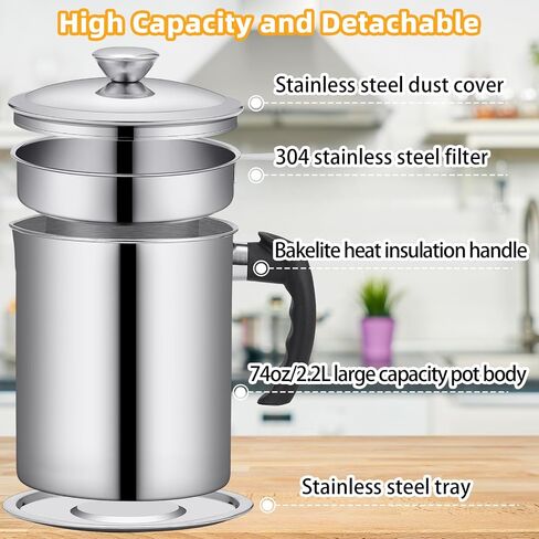 Kaemi 2.2L / 74OZ Bacon Grease Container With Strainer, Bacon Grease Keeper,Oil Storage Container for Kitchen,Filtered Oil Jug With Lid and Easy Grip Handle for Storing Meat Frying and Cooking Oil in Kuwait