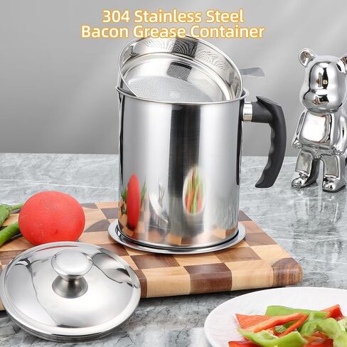 Kaemi 2.2L / 74OZ Bacon Grease Container With Strainer, Bacon Grease Keeper,Oil Storage Container for Kitchen,Filtered Oil Jug With Lid and Easy Grip Handle for Storing Meat Frying and Cooking Oil in Kuwait
