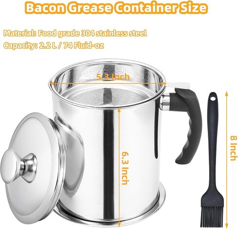 Kaemi 2.2L / 74OZ Bacon Grease Container With Strainer, Bacon Grease Keeper,Oil Storage Container for Kitchen,Filtered Oil Jug With Lid and Easy Grip Handle for Storing Meat Frying and Cooking Oil in Kuwait