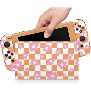 ZOOMHITSKINS Skin Compatible with Switch, White Orange Mini Flowers Kawaii Design, Durable 3M Vinyl Decal Wrap, Precision Fit, Bubble-Free, Made in USA in Kuwait