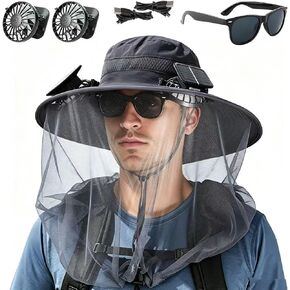2026 Upgraded Fishing Hats with Sunglasses, Wide Brim Sun Hat with 2 Solar Fan, USB & Solar Powered Fishing Hats, Solar Fan Hats UPF 50+ Dark Black in Saudi Arabia