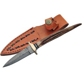 SZCO Stag Tip Boot Hunting Knife 8 Inch - Camping Knife with Stag Handle, Damascus Steel Blade & Sheath - Pocket Knife for Hunting, Camping & Outdoor uses - Knives for Men in Saudi Arabia