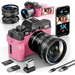 5K&64MP Digital Cameras for Photography&Video, Vlogging Camera for YouTube, Compact Camera with 32GB TF Card, WiFi,and Wide-Angle & Macro Len, AUTOFOCUS 16X Zoom for Entry-Level User, Beginners（Pink） in Kuwait