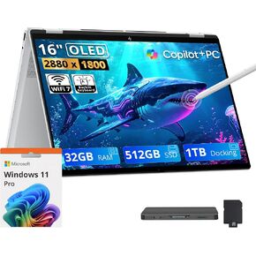 HP OmniBook 7 Flip 16" 3K 2-in-1 Touch Laptop, Intel Ultra 7 258V, 32GB RAM, 5TB Storage(4TB SSD+1TB Docking Station), Intel Arc 140V, Copilot+ PC, Backlit Keyboard, Stylus Pen, Win 11 Pro, Silver in Kuwait