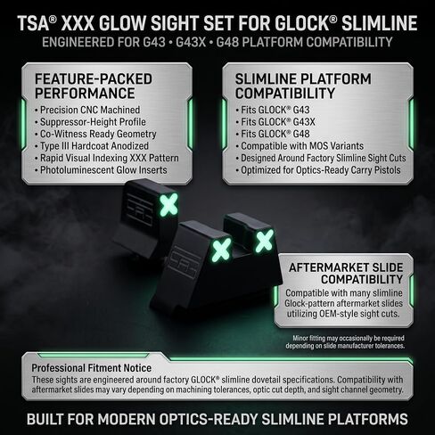 TSA® XXX Glow Suppressor Height Sights for Glock® Slimline G43 G43X G48 MOS – Co Witness Tall Iron Sight Set – Green Luminescent Non Tritium XXX Pattern in Saudi Arabia