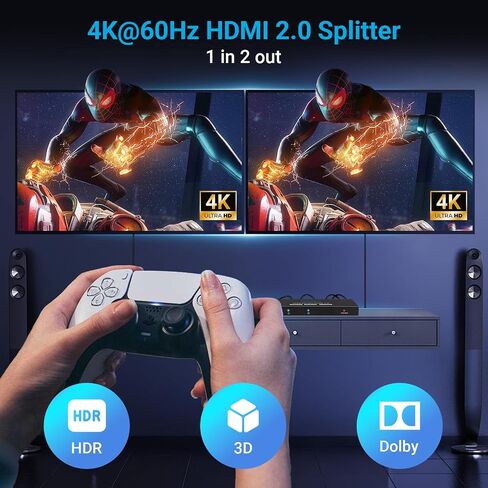 4K@60Hz HDMI Splitter - 1x2 HDMI Splitter 1 in 2 Out with Power Adapte for Dual Monitors, Support EDID Dolby Audio 3D HDCP for PS4 PS5 Fire Stick HDTV in Kuwait