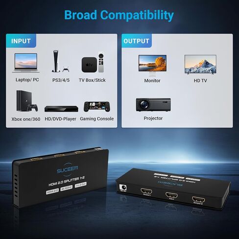 4K@60Hz HDMI Splitter - 1x2 HDMI Splitter 1 in 2 Out with Power Adapte for Dual Monitors, Support EDID Dolby Audio 3D HDCP for PS4 PS5 Fire Stick HDTV in Kuwait