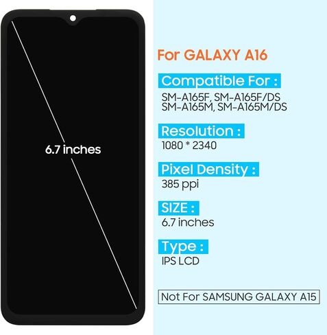 Incell for Samsung Galaxy A16 4G 5G LCD Display 6.6" A16 Screen Replacement for Galaxy A16 SM-A165F SM-A166B Touch Screen Digitizer Assembly Kit (No Fingerprint) in Kuwait