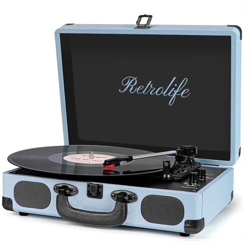 Retrolife® Record Player,3-Speed Bluetooth Suitcase Vinyl Player-Haze Blue in Kuwait