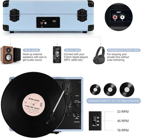 Retrolife® Record Player,3-Speed Bluetooth Suitcase Vinyl Player-Haze Blue in Kuwait