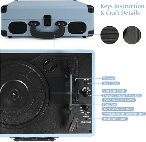 Retrolife® Record Player,3-Speed Bluetooth Suitcase Vinyl Player-Haze Blue in Kuwait
