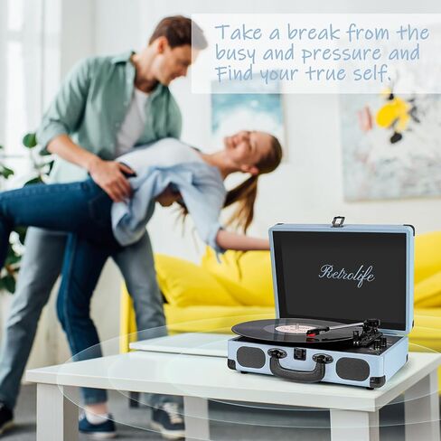 Retrolife® Record Player,3-Speed Bluetooth Suitcase Vinyl Player-Haze Blue in Kuwait